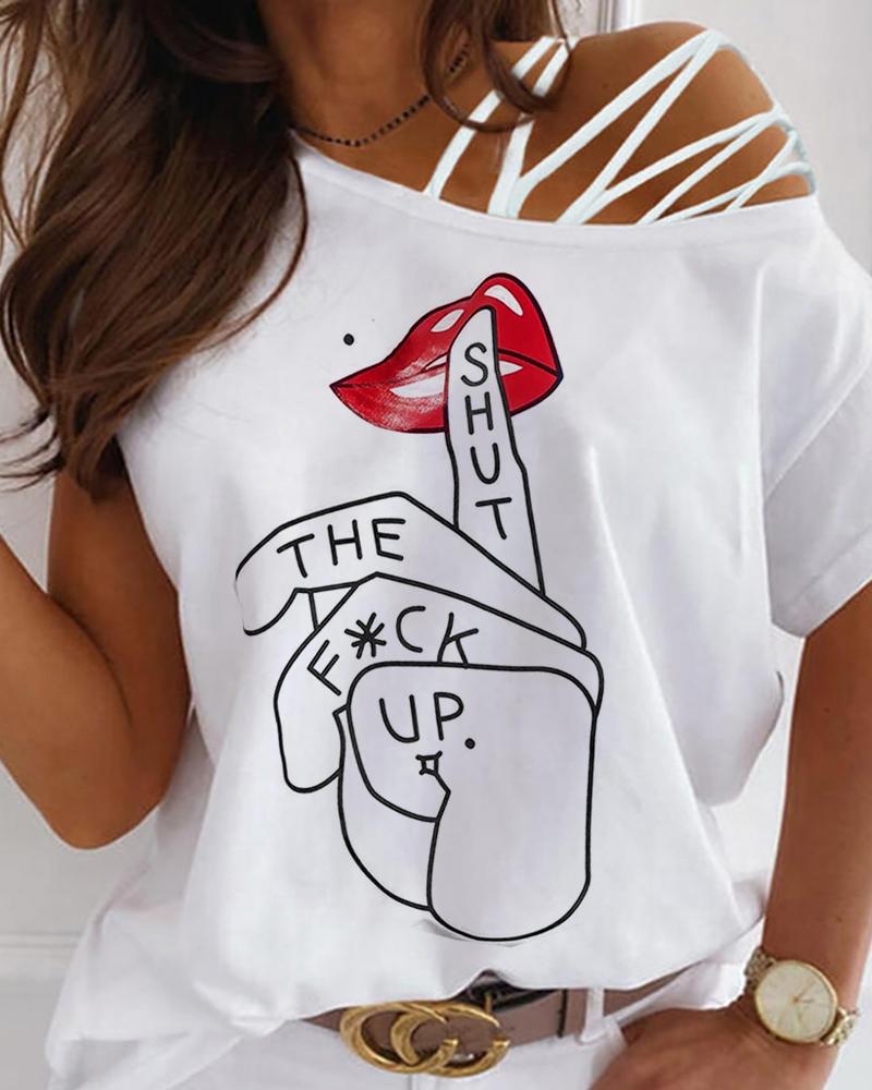 

Slogan Lip Letter Print One Shoulder Lace-up T-shirt, White