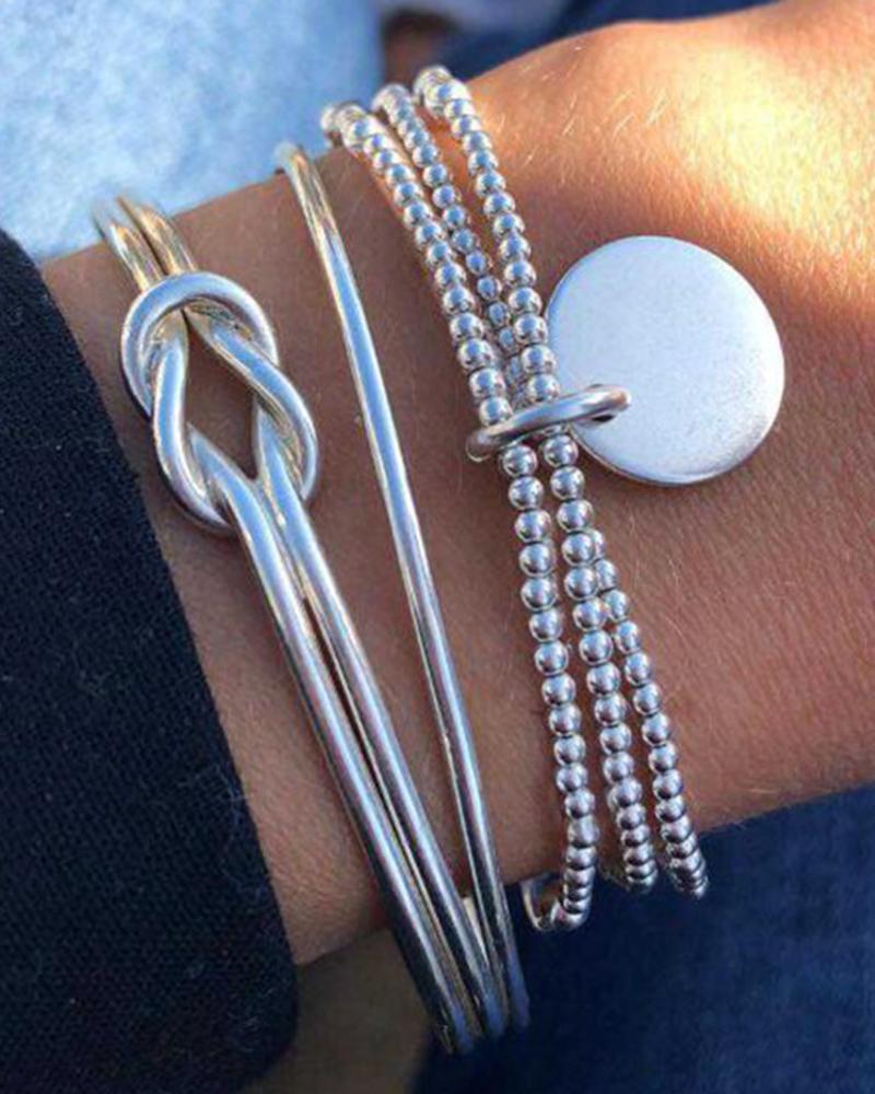 

3pcs Twisted Disc Pendant Chain Bracelets Set, Silver