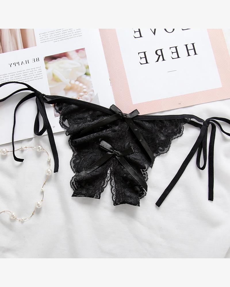 

Skinny Lace Lace-up Thong Panties, Black
