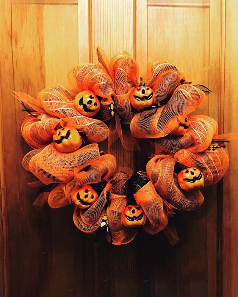 

Halloween Pumpkin Mesh Harvest Wreath Handmade Autumn Wreaths For Home Front Door Thanksgiving Decoration, Style1