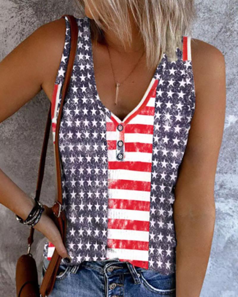 

Independence Day Buttoned American Flag Print Tank Top, Red