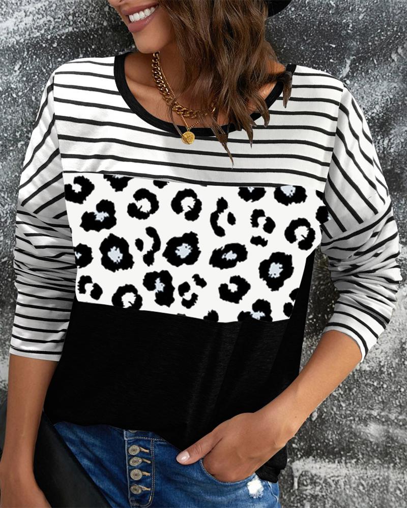 

Contrast Leopard Striped Long Sleeve Top, Black