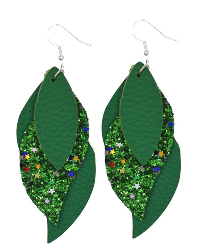 

1Pair Sequined Leaf-Shaped Layered Earrings, Green