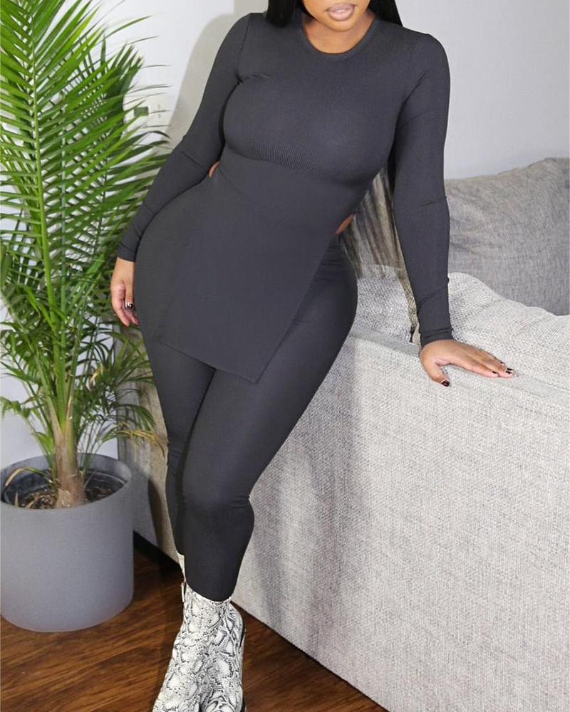 

Plus Size Long Sleeve Slit Top & Pants Set, Black