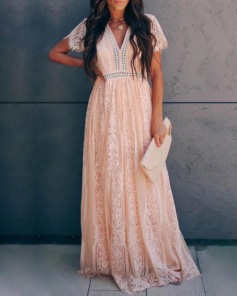 

V-Neck Eyelash Crochet Lace Maxi Dress, Pink