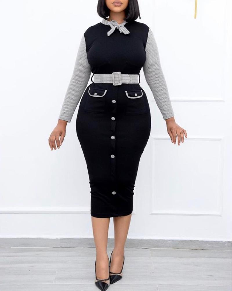 

Plus Size Plaid Print Colorblock Buttoned Work Dress, Black