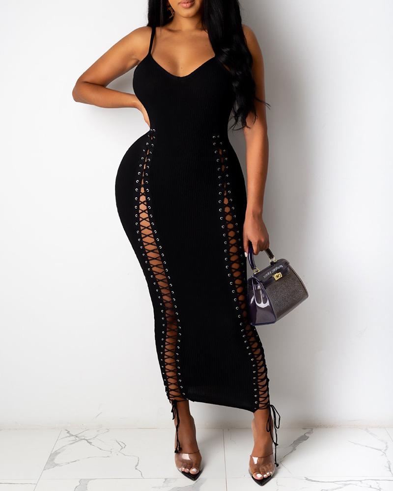 

Spaghetti Strap Eyelet Lace-up Maxi Dress, Black
