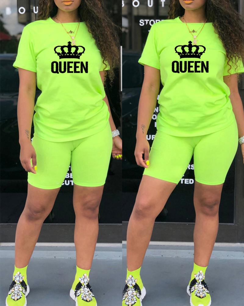 

Letter Crown Print Casual Top & Shorts Set, Lvs green