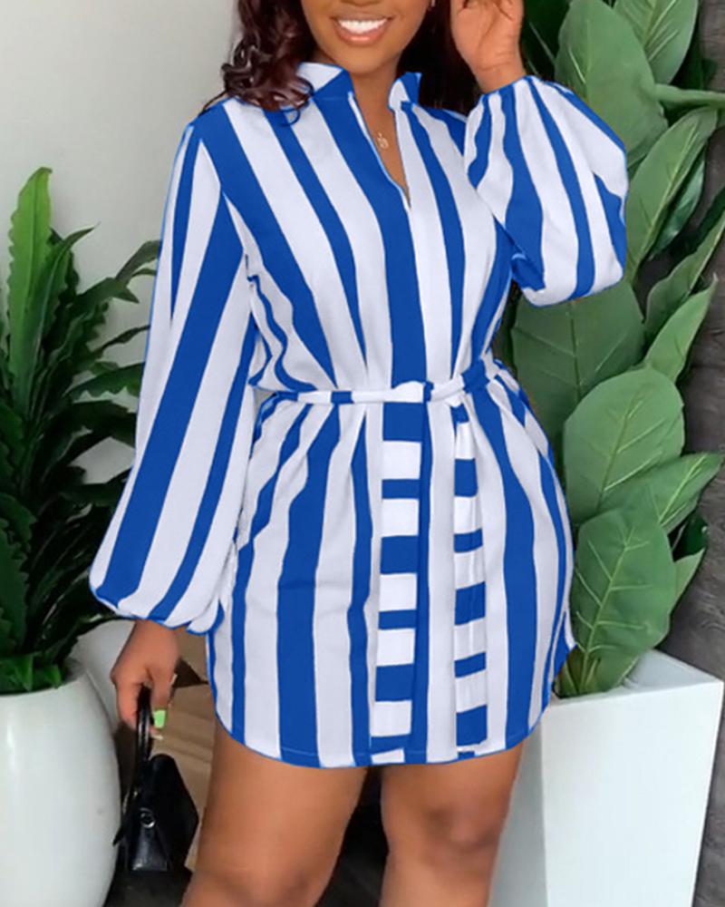 

Striped Lantern Sleeve Belted Shirt Dress, Blue