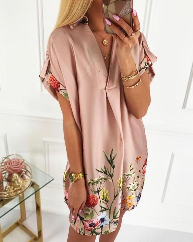 

Floral Print Short Sleeve Satin Dress, Pink