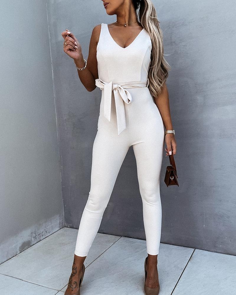 

Solid Color V-Neck Belted Skinny Jumpsuit, White