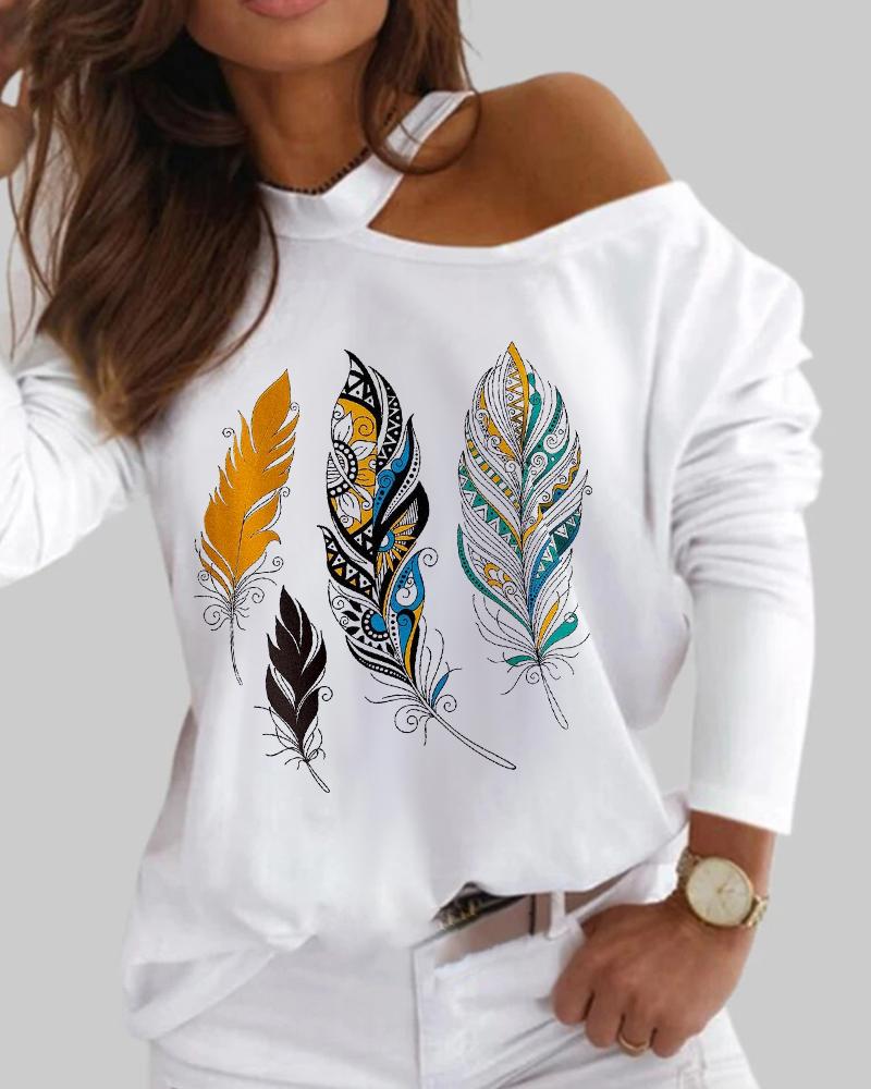 

One Shoulder Feather Print Long Sleeve Top, Yellow