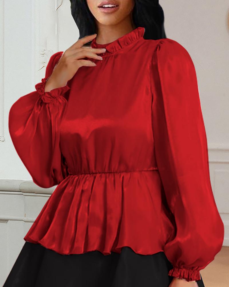 

Frill Hem Lantern Sleeve Ruched Top, Red
