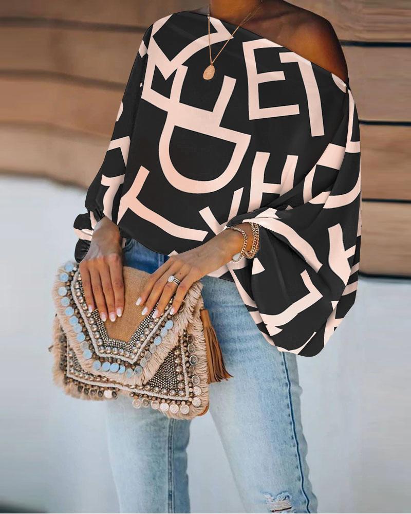 

Letter Print Skew Neck Lantern Sleeve Top, Black