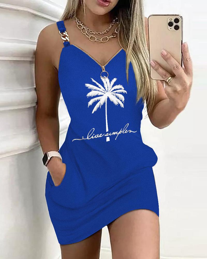 

Coconut Tree Print Chain Decor Casual Dress, Blue