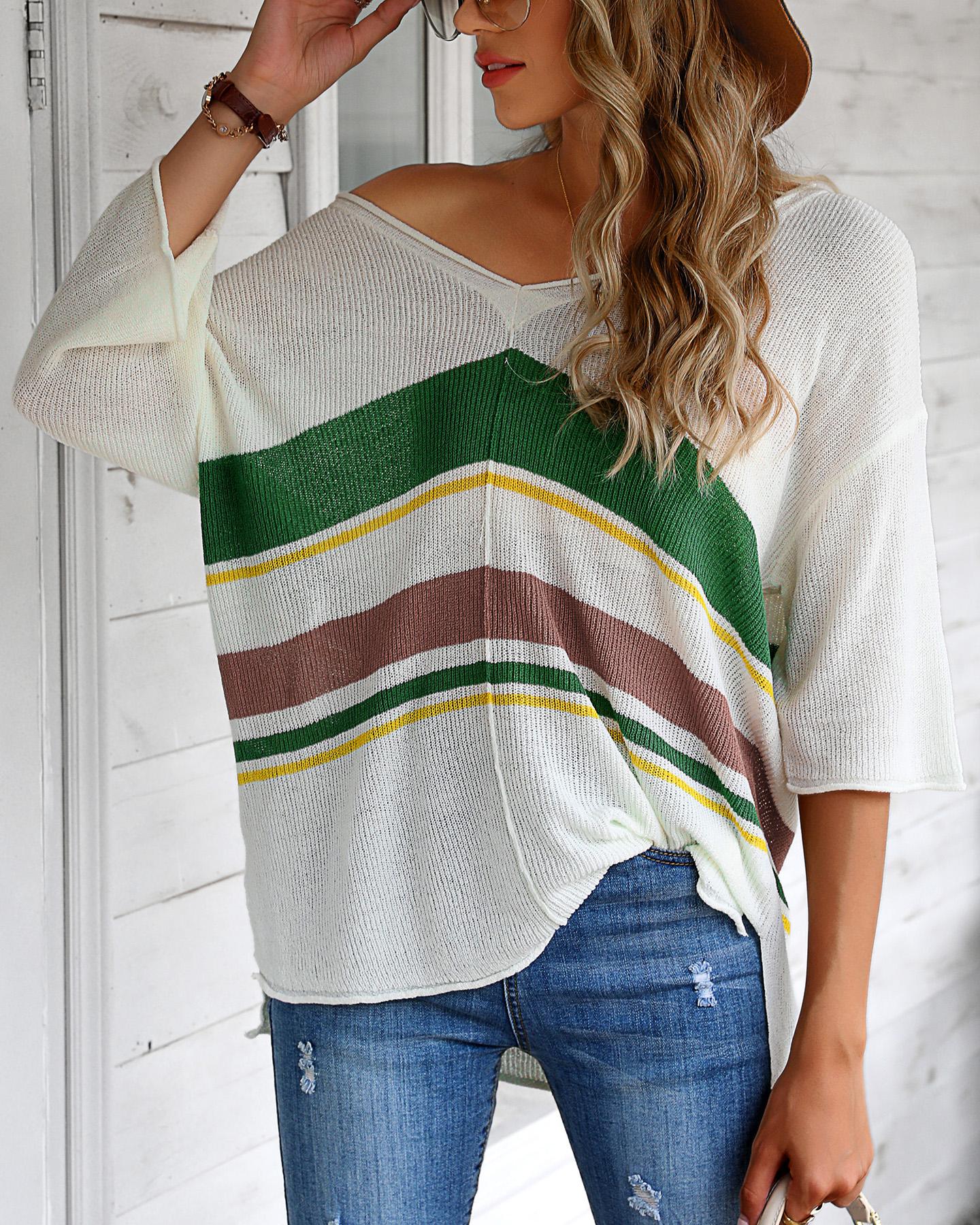 

Colorblock Short Sleeve V-neck Top, Apricot