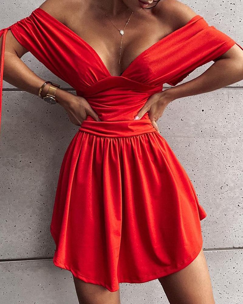 

Drawstring Ruched Plunge Casual Dress, Red