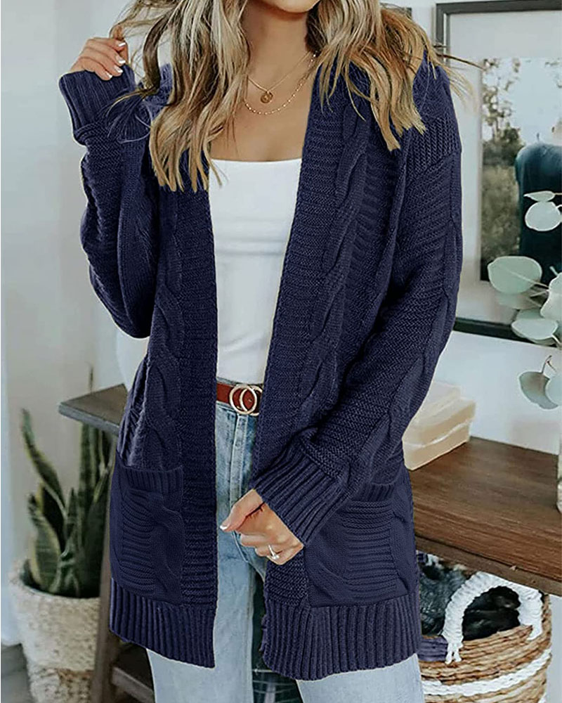 

Open Front Pocket Detail Cable Knit Cardigan, Purplish blue