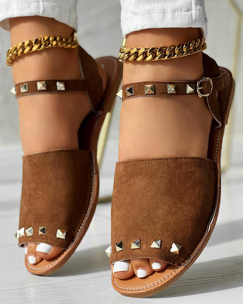 

Peep Toe Studded Sandals, Brown