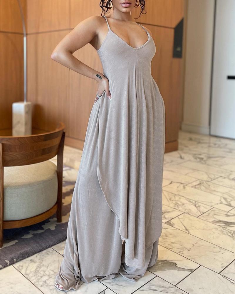 

Ruched Asymmetrical Top & Wide Leg Pants Set, Light gray