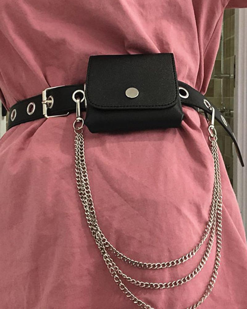 

Mini Layered Chain Decor Fanny Pack With Eyelet Waist Belt, Black
