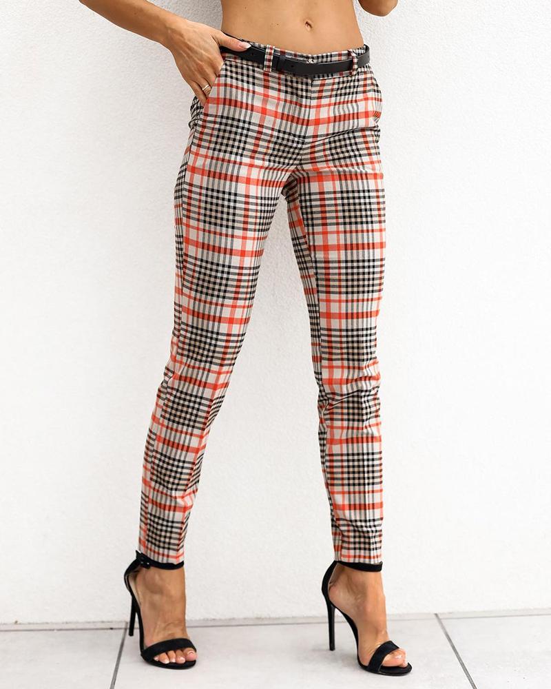 

Plaid Print High Waist Pocket Design Pencil Pants, Orange