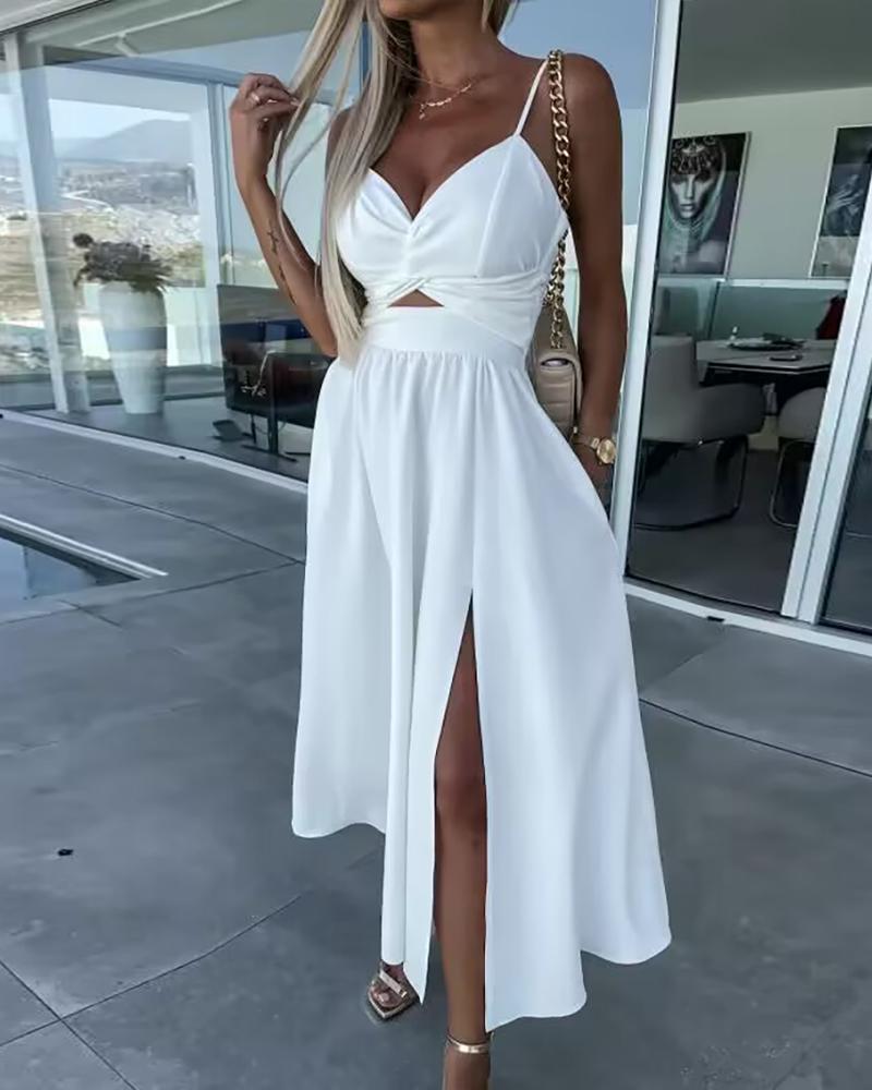 

Vestido casual com fenda torcida e alça espaguete, White