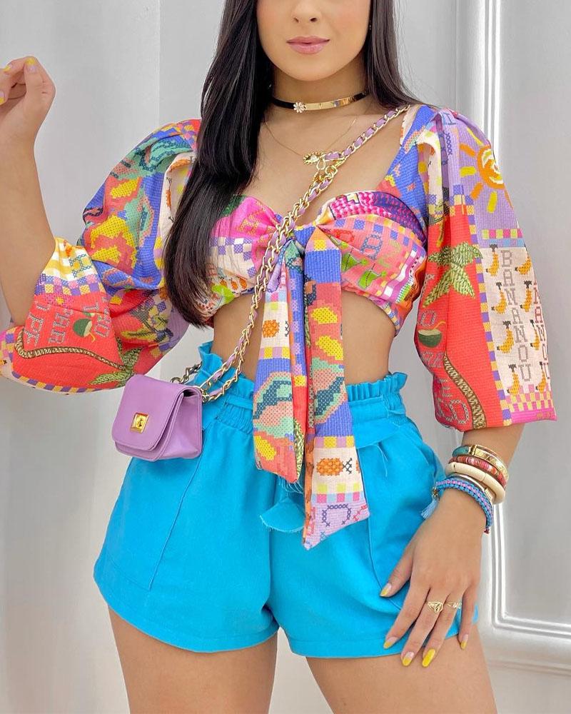 

Allover Print Puff Lantern Sleeve Crop Top & Shorts Set, Multicolor