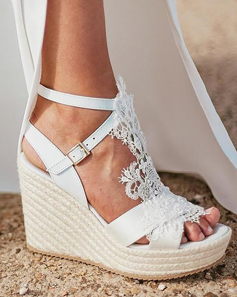 

Contrast Lace Buckled Ankle Strap Wedge Wedding Guest Shoes, White