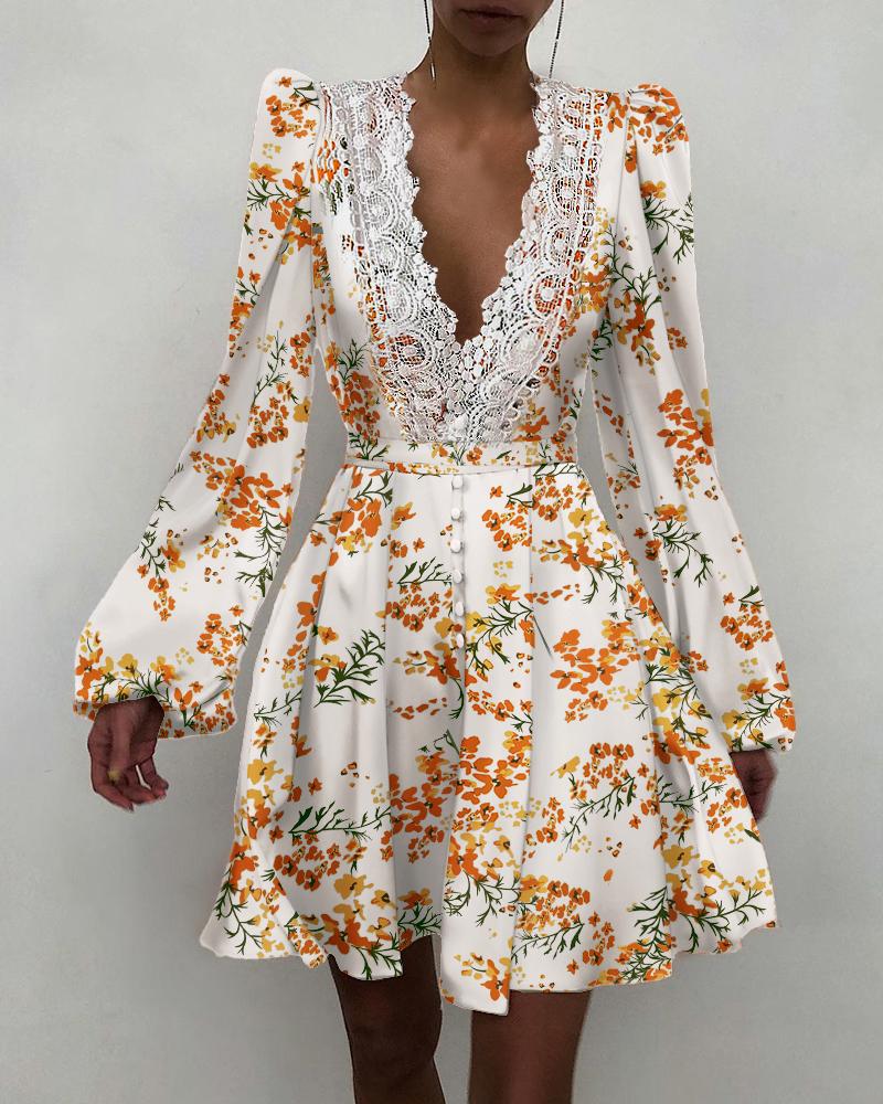 

Floral Print Puff Sleeve Button Front Ruffle Hem Dress, Multicolor