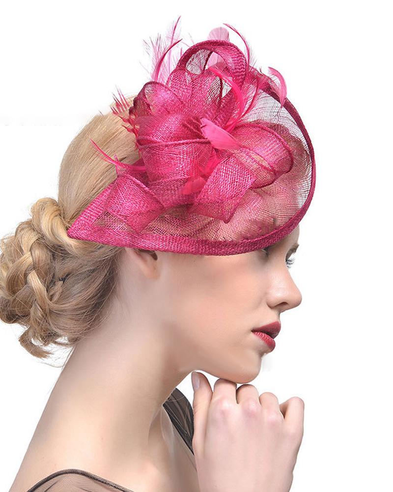 

Feather Fascinator Hat Mesh Hair Clip Hairpin Hats Bridal Wedding Cocktail Tea Party Headwear, Hot pink