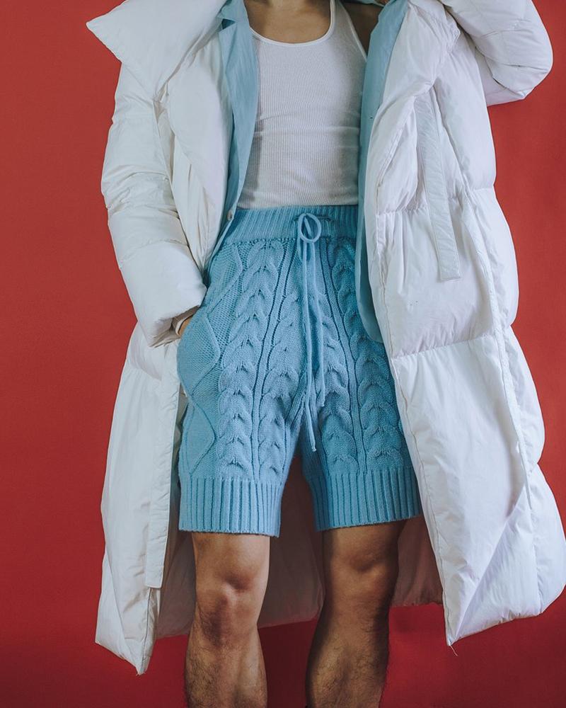 

Solid Color Lace-up Cable Knitted Short Pants, Blue