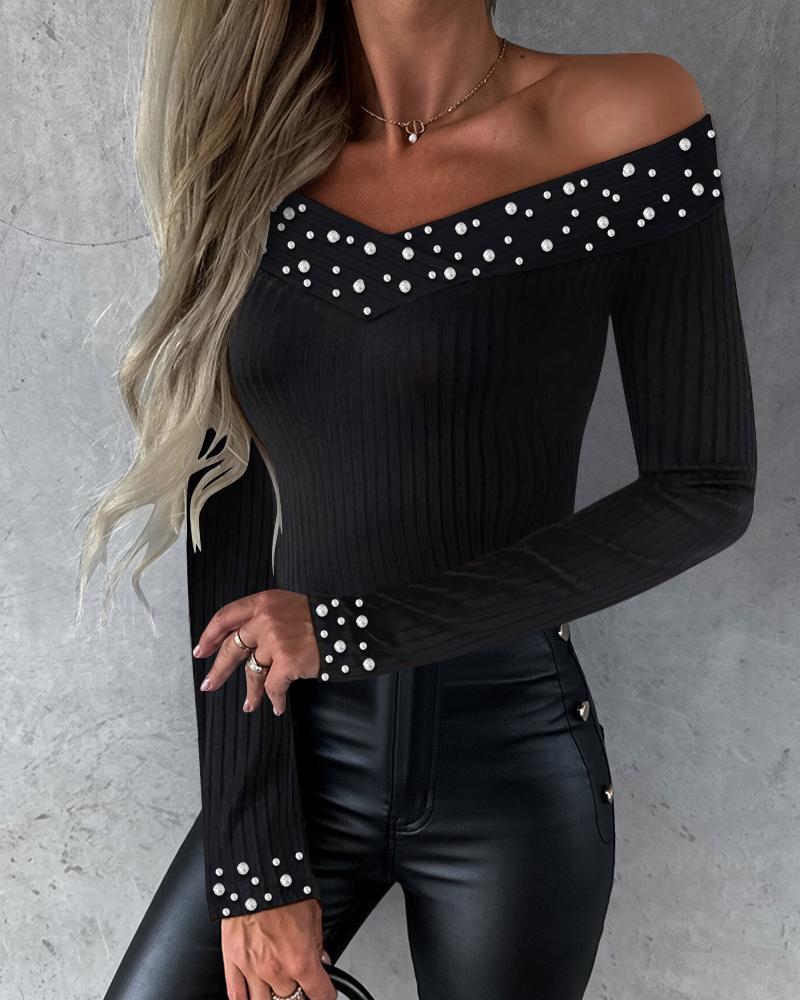 

Pearls Studded Off Shoulder Top, Black