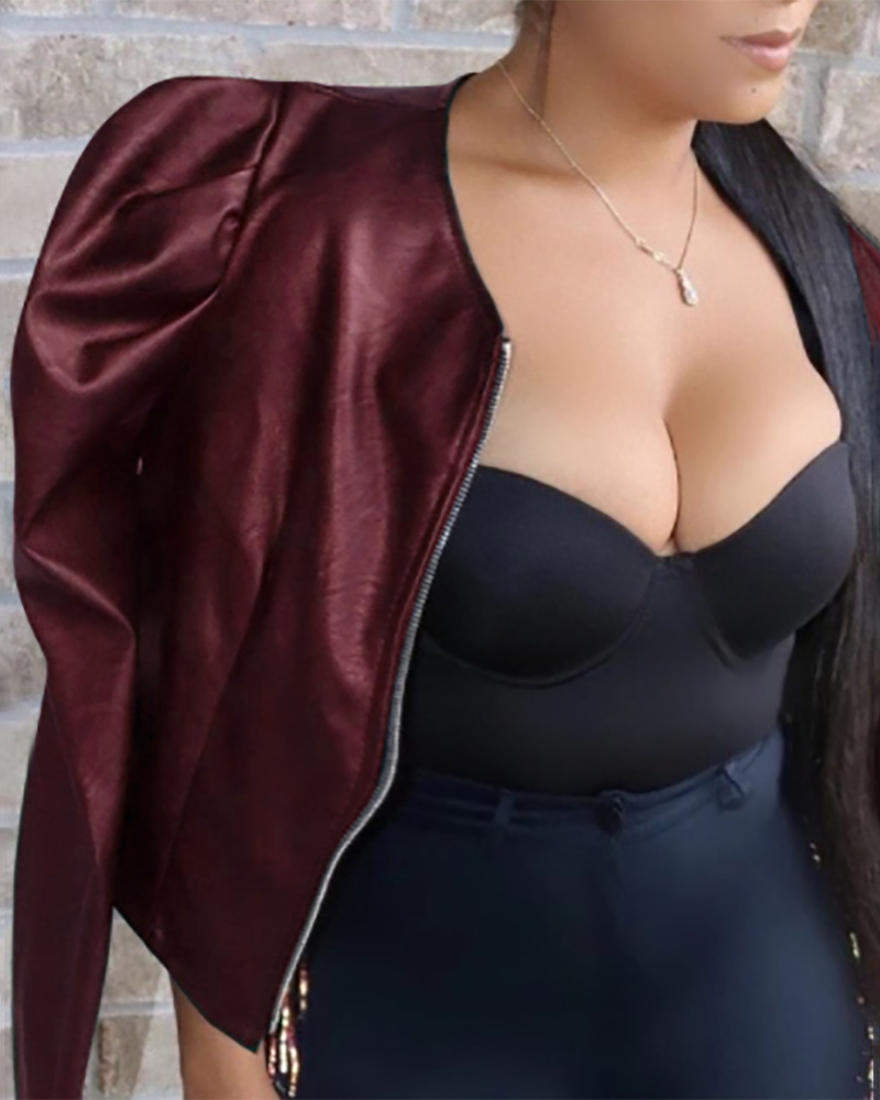 

PU Leather Zipper Design Puff Sleeve Jacket, Wine red
