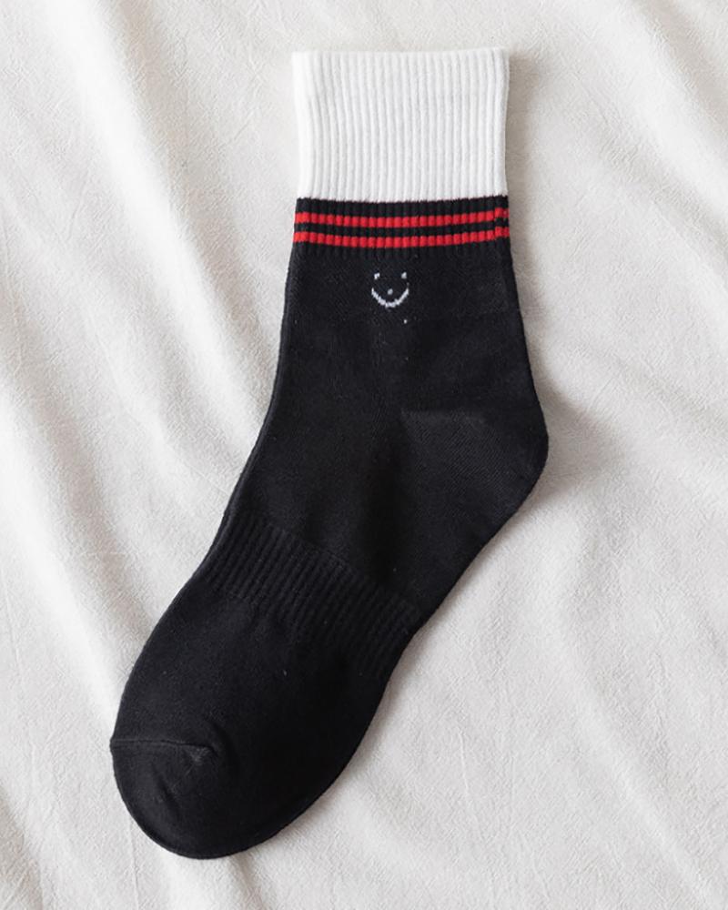 

1Pair Smile Face Embroidery Colorblock Crew Socks, White