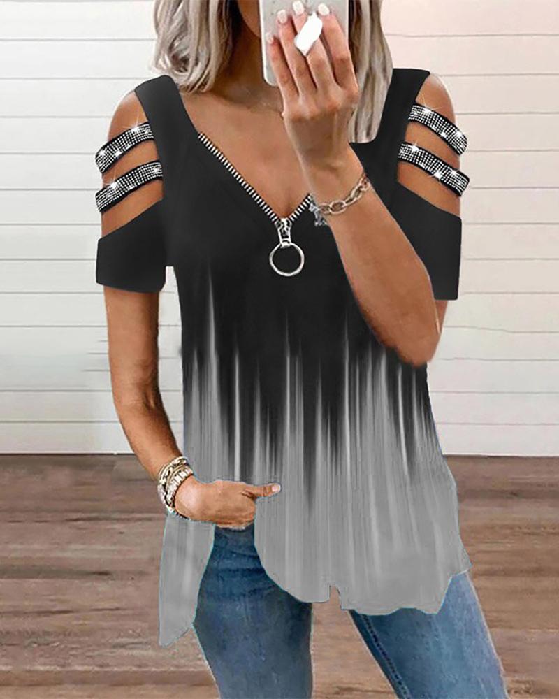 

Zipper Design Colorblock Cutout Rhinestone Top, Gray