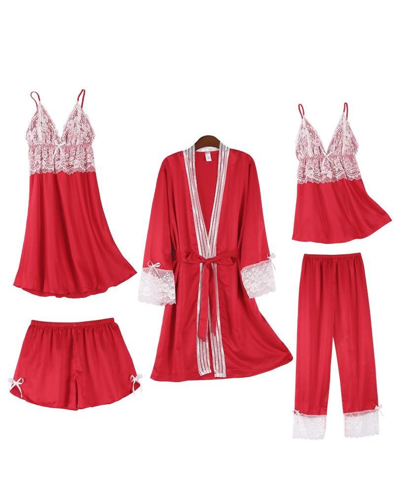 

Lace Trim 5pcs Pajama Set, Red