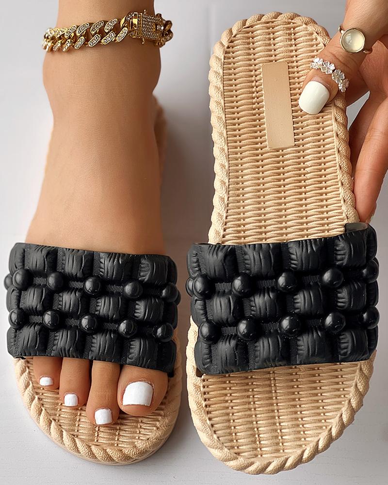 

Beaded Round Toe Summer Slippers, Black