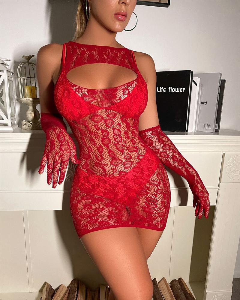 

Cutout See Through Stocking Babydoll With Gloves, Red