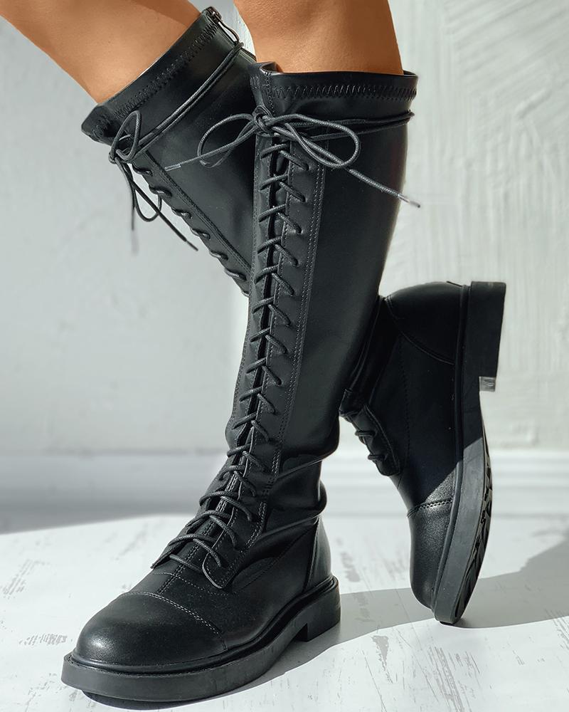

Lace-up Front Zipper Design Long Boots, Black