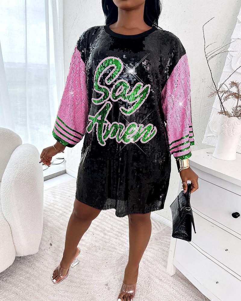 

Slogan Pattern Colorblock Striped Allover Sequin T-Shirt, Pink