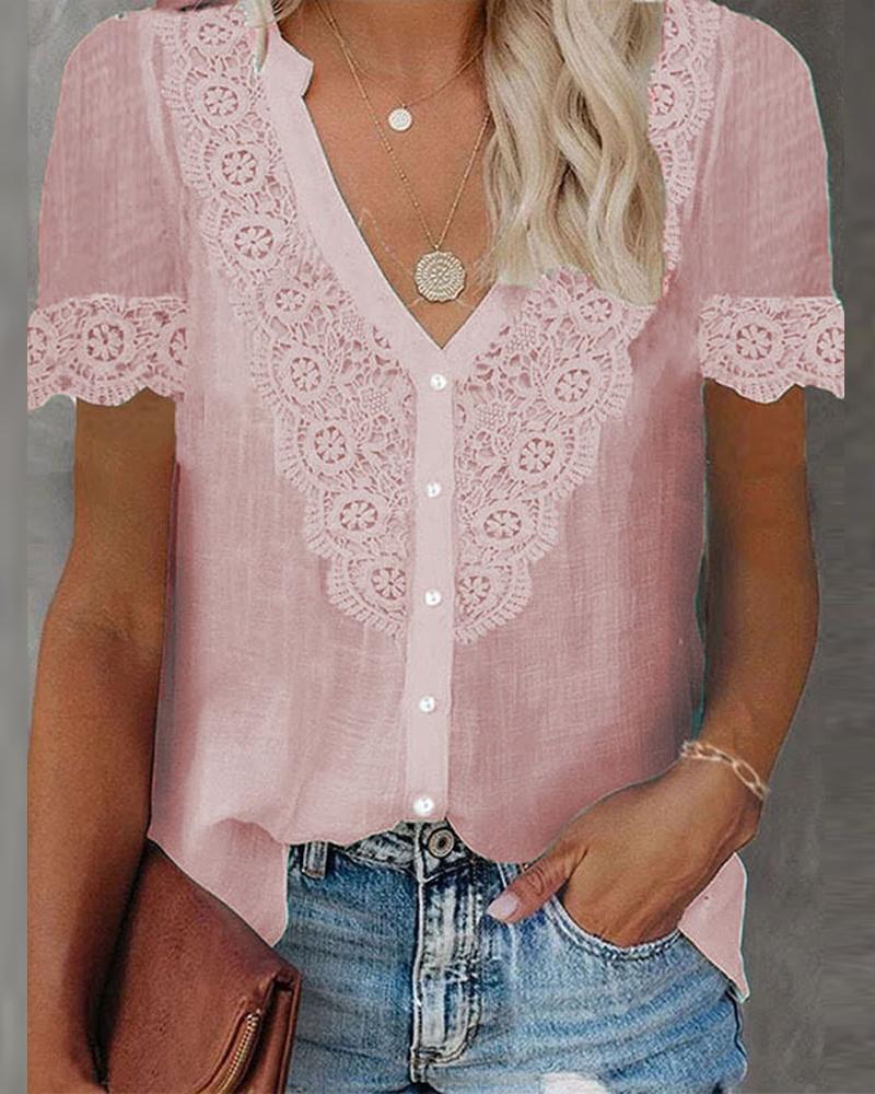 

Contrast Lace Short Sleeve Button Front Shirt, Pink