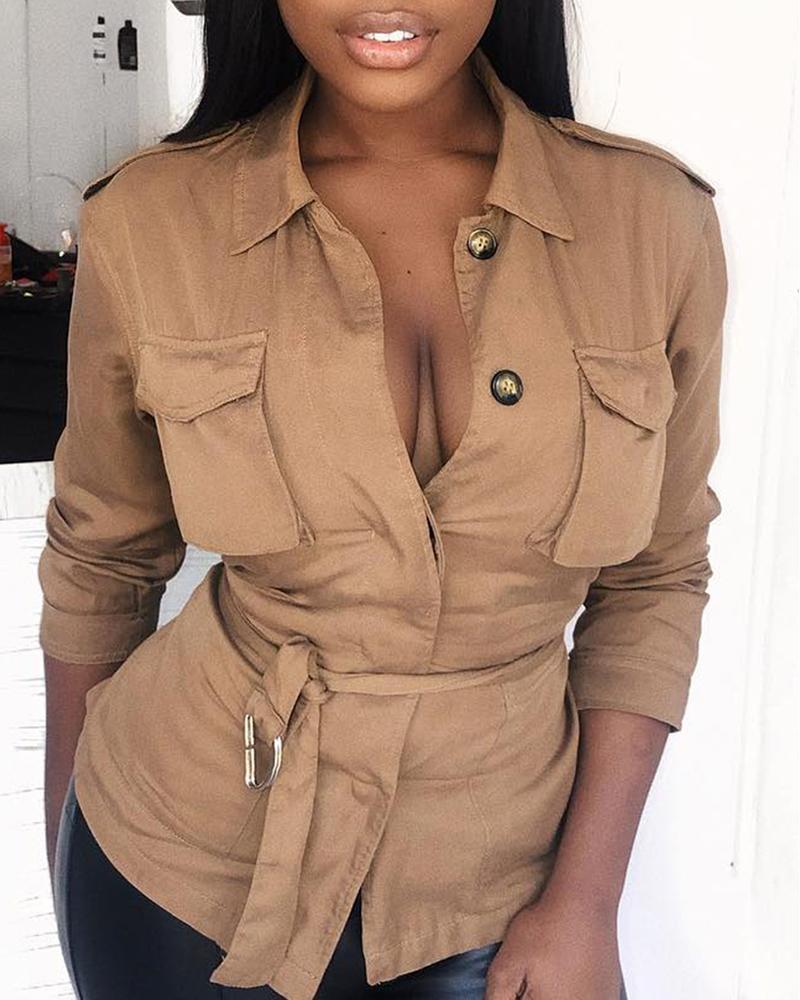 

Buttoned Pocket Design Long Sleeve Top With Belt, Khaki