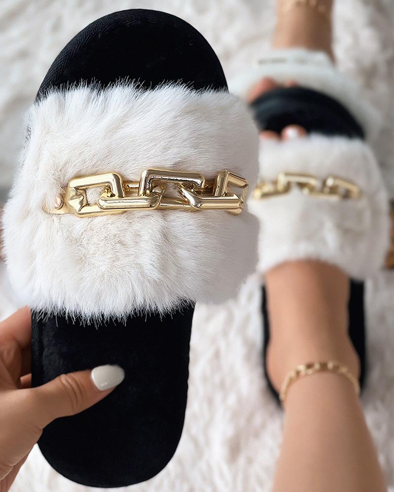 

Chain Decor One Strap Fuzzy Slippers, White