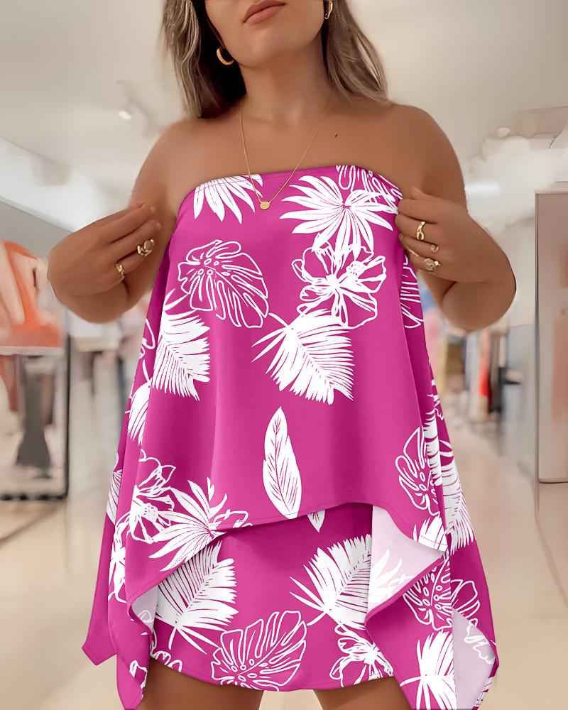 

Ensemble 2 pièces imprimé tropical avec haut à manches fendues et jupe-short décontractée, Hot pink