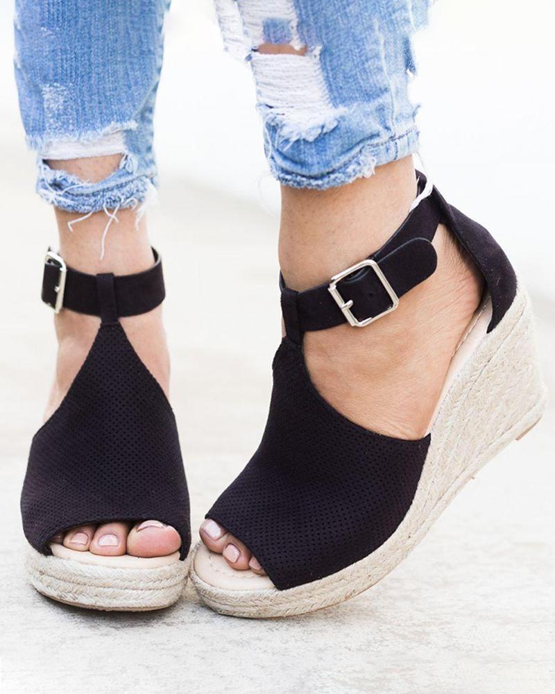 

Suede Hollow Out Espadrille Wedge Sandals, Black