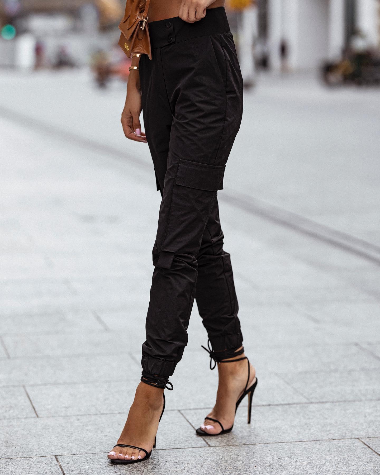 

High Waist Pocket Button Design Cargo Pants, Black