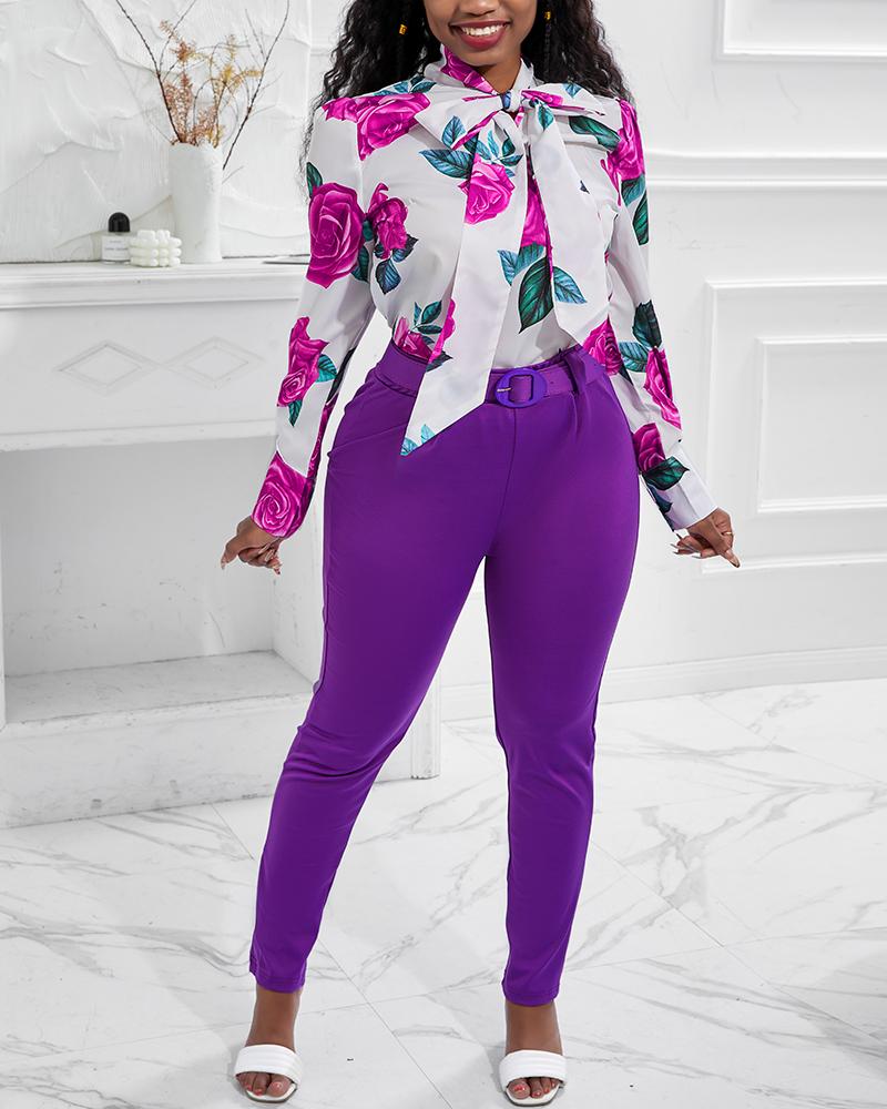 

Floral Print Tie Neck Top & Pants Set With Belt, Purple