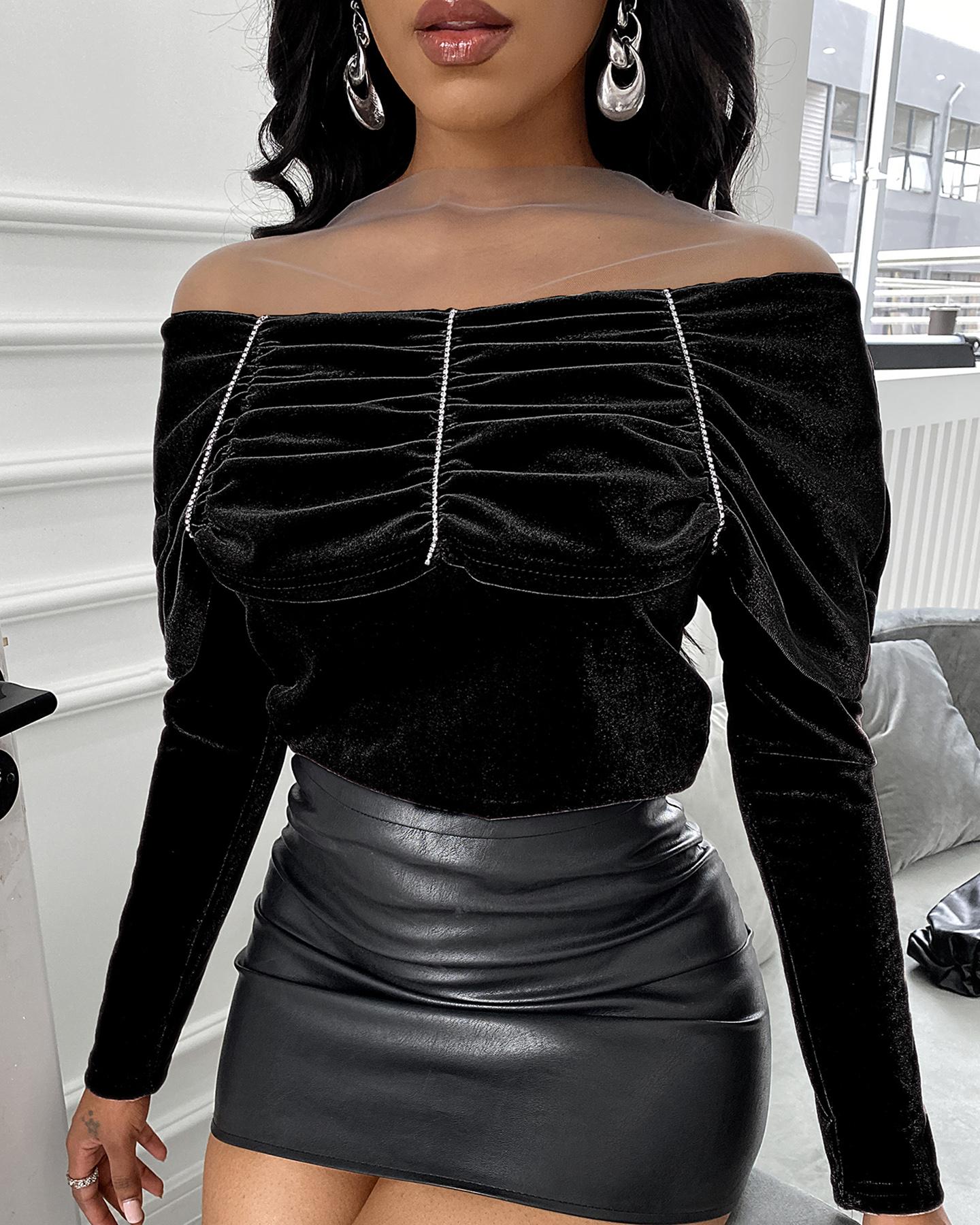 

Velvet Studded Ruched Sheer Mesh Top, Black