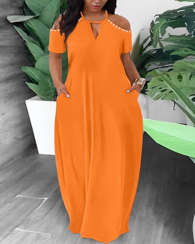 

Plus Size Cold Shoulder Pearls Decor Maxi Dress, Orange